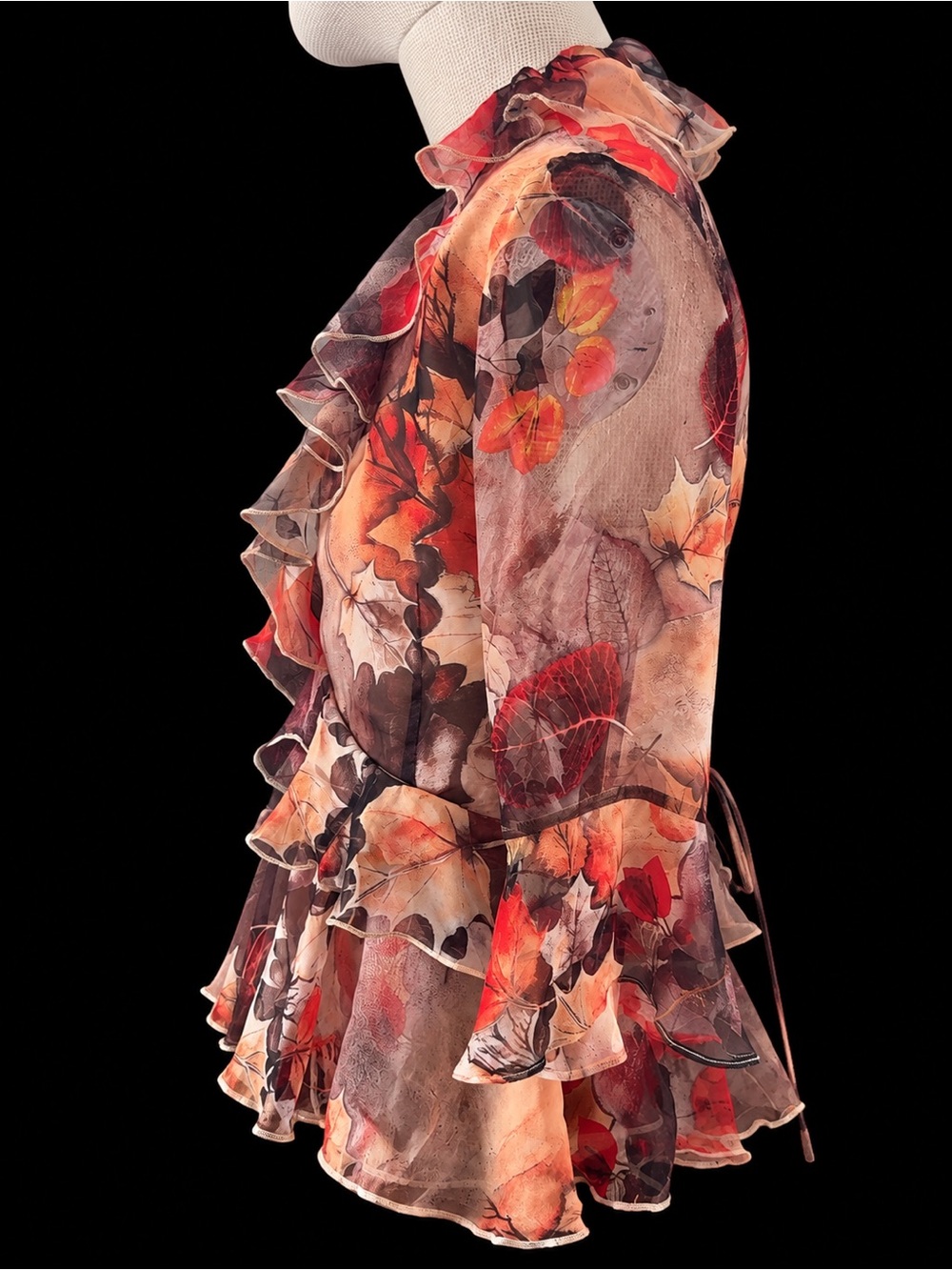 Sheer Autumn Leaf Ruffle Blouse - Red, Orange, Brown